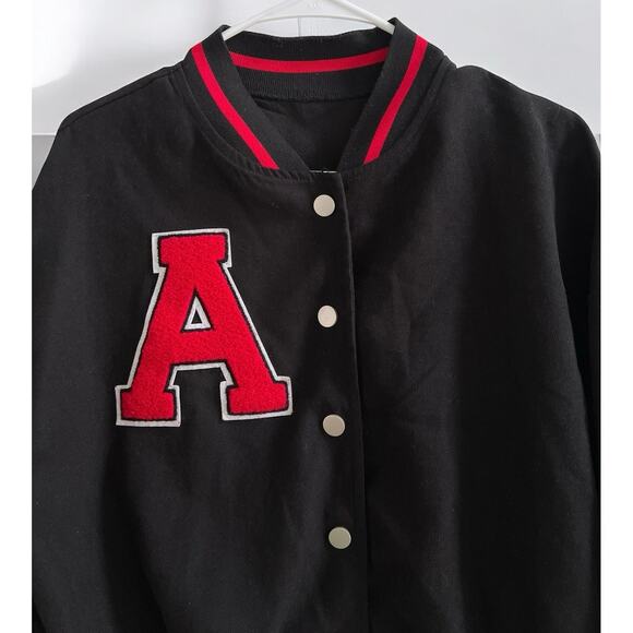 Black & Red Letter "A" Varsity Crop Bomber Jacket Women's size Large - Picture 3 of 12